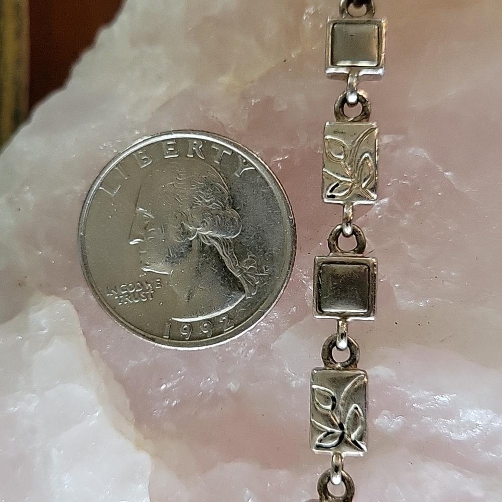 Silver Engraved Leaf Pattern Rectangle Square Lin… - image 6